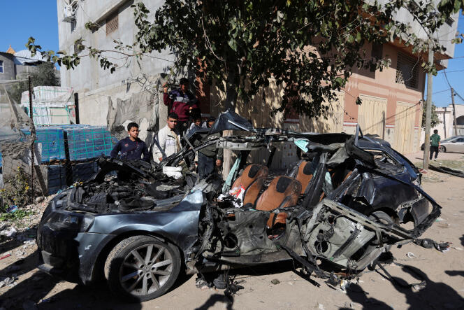 The remains of the car hit by an Israeli strike that killed Palestinian journalists Hamza Al-Dahdouh and Moustafa Thuraya, in Rafah in the southern Gaza Strip, January 7, 2024.