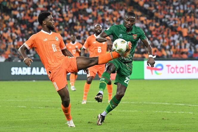 The gesture offering the second goal to his team from Ivorian striker Jean-Philippe Krasso, during the CAN 2024 Group A football match between Ivory Coast and Guinea-Bissau, at the Alassane-Ouattara Olympic stadium in 'Ebimpé, near Abidjan, January 13, 2024. 