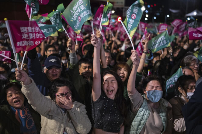DPP supporters rejoice at the victory of their candidate Lai Ching-te in the presidential election, in Taipei, Taiwan, Saturday January 13, 2024. 