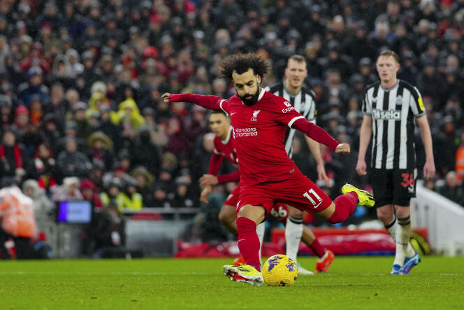 Liverpool striker Mohamed Salah during his first attempt - missed - on a penalty, against Newcastle, on January 1, 2024, in Liverpool.