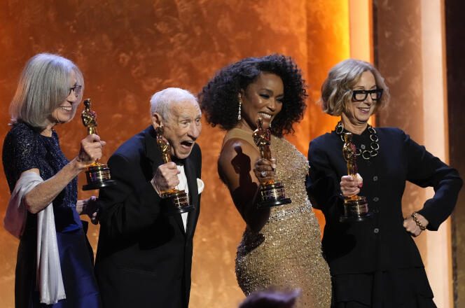 From left to right: Carol Littleton, Mel Brooks, Angela Bassett, and Michelle Satter pose with their honorary Oscar Tuesday, January 9, 2024, in Los Angeles.