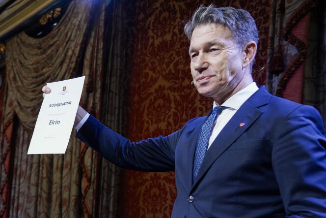Norwegian Energy Minister Terje Aasland awards new oil licenses during the Oil and Energy Policy Conference at a hotel in Sandefjord on January 16, 2024.