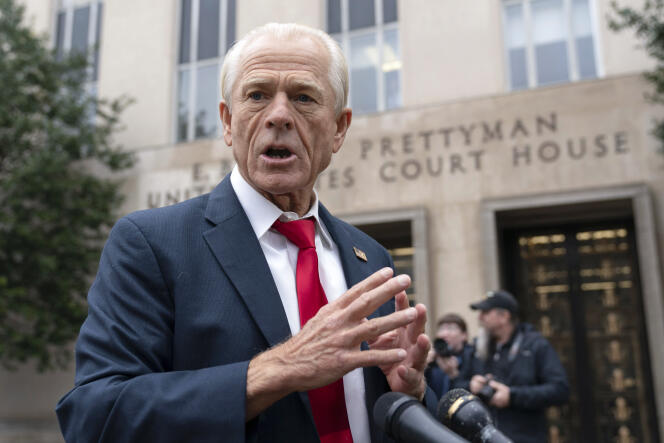 Peter Navarro, former economic advisor and close ally of Donald Trump, speaks to the press upon his arrival at court in Washington, January 25, 2024.