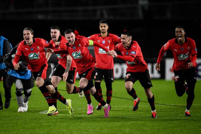 Rennes players celebrate their victory in the round of 16 of the Coupe de France against Marseille, at Roazhon Park, in Rennes, Sunday January 21, 2024.