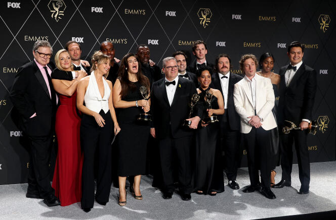 Part of the cast of the series “The Bear” and their awards received during the 75th Emmy Awards ceremony in Los Angeles, California, January 15, 2024. 