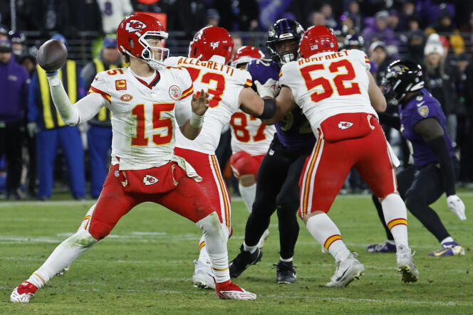 Chiefs quarterback Patrick Mahomes prepares to throw a pass on January 28, 2024, in Baltimore, Maryland.