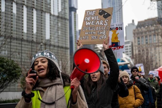 Unionized staff at the Condé Nast group picket during a 24-hour walkout to protest the announcement of layoffs, outside the Condé Nast offices in New York, January 23, 2024.