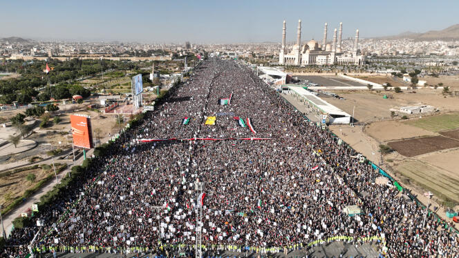Rally to call for Houthis against airstrikes carried out by the United States and the United Kingdom, in Sanaa, January 12, 2024. Photo provided by the group's communications service. 