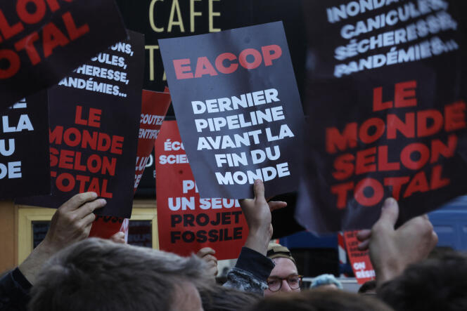 During a demonstration near the Parisian site of the TotalEnergies annual general meeting in Paris, May 26, 2023.