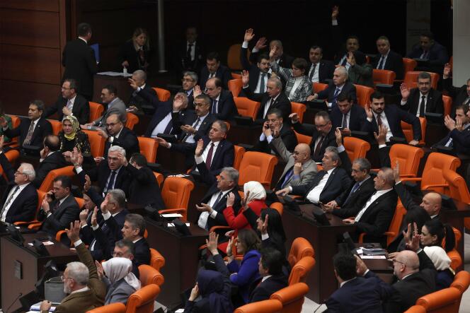 The Turkish parliament, during the vote to ratify Sweden's membership in NATO, at the Grand National Assembly of Turkey, in Ankara, January 23, 2024.