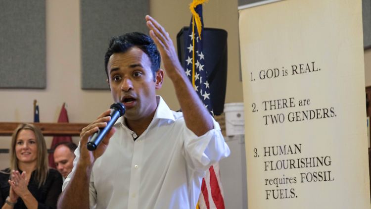 A distant fourth in the polls, but still with a religious campaign in Iowa: Vivek Ramaswamy.