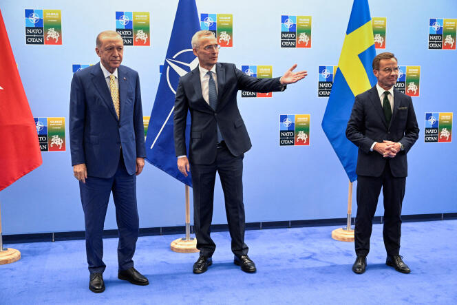 Turkish President Recep Tayyip Erdogan, Swedish Prime Minister Ulf Kristersson and NATO Secretary General Jens Stoltenberg on the eve of a NATO summit in Vilnius on July 10, 2023.