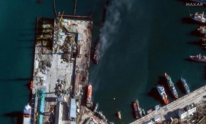This satellite image from December 26, 2023 shows the damaged landing ship Novocherkassk in the Russian-controlled port of Feodosia in eastern Crimea.