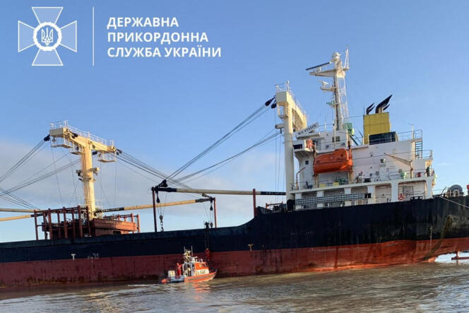A Panamanian cargo ship having struck a mine in the Black Sea, in the Odessa region (Ukraine), in an image released by the National Border Guard Service of Ukraine, December 28, 2023.