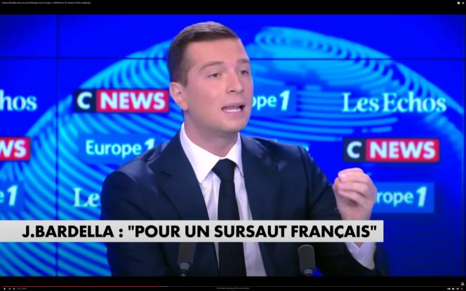 The president of the National Rally, Jordan Bardella, in the show “Le Grand Rendez-Vous” on Europe 1 and CNews, October 22, 2023.