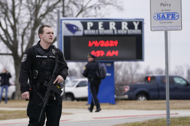 Police respond to Perry High School in Iowa on Thursday, January 4, 2024.