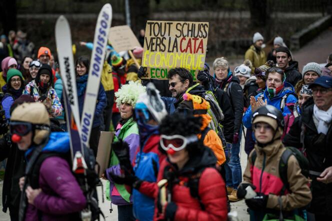 Demonstrators gathered at the initiative of the NO JO collective, Saturday January 6, 2024, in Chambéry, to protest against the organization of the 2030 Winter Olympics in the French Alps.