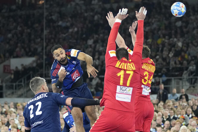 French full-back Melvyn Richardson shoots on goal against North Macedonia during Euro 2024 in Düsseldorf, Germany, Wednesday January 10, 2024.