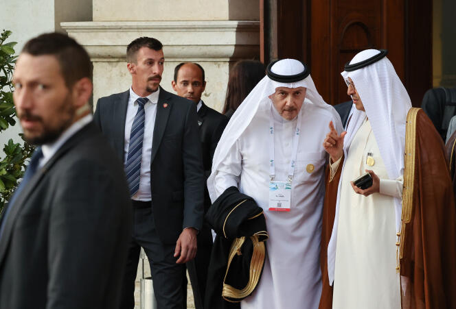 Adeeb Al-Aama, Saudi Governor to OPEC (center), and Prince Abdel Aziz Bin Salman, Minister of Energy of Saudi Arabia (right), in Vienna, July 5, 2023.