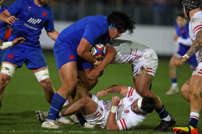 Second-row Posolo Tuilagi, during the match between France and England of the Under-20 Six Nations Tournament, March 10, 2023, in Bath (United Kingdom).
