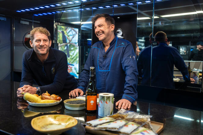Navigator Charles Caudrelier (left) and chef Eric Guérin in the latter's restaurant, La Mare auxoiseau, on December 15, 2023.