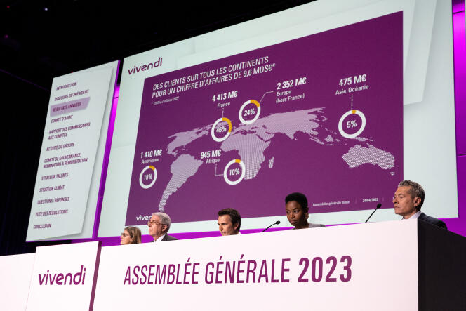 Arnaud de Puyfontaine, chairman of the management board of Vivendi, and Yannick Bolloré, chairman of the supervisory board, during the group's general meeting, in Paris, April 24, 2023. 