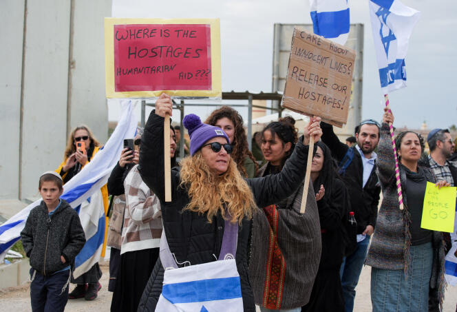 Families of hostages demonstrate against the delivery of humanitarian aid to Gaza, demanding the immediate release of hostages kidnapped during the October 7, 2023 attack by the Palestinian Islamist group Hamas, in Kerem Shalom, Israel, on October 28 January 2024.