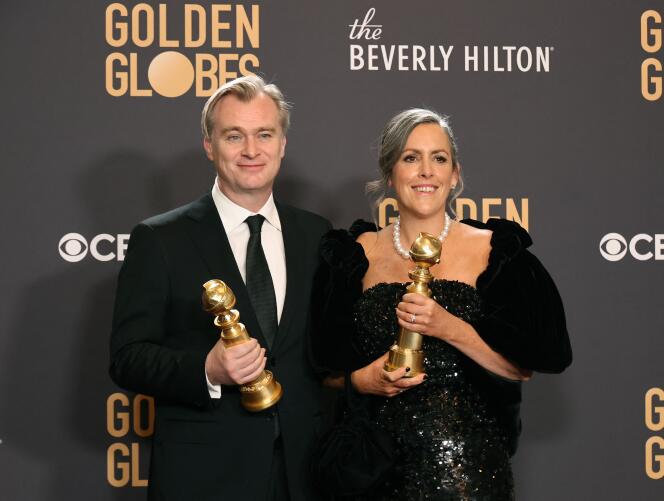 Christopher Nolan and Emma Thomas, winners of the best motion picture drama award for “Oppenheimer,” at the 81st annual Golden Globes ceremony in Los Angeles on January 7, 2024.