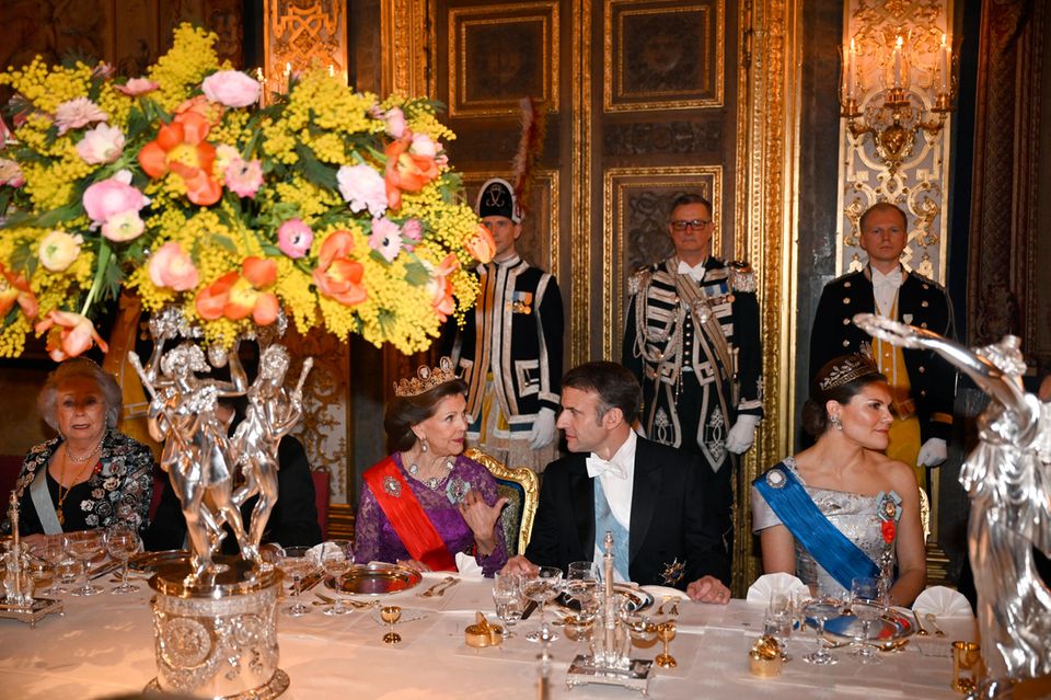 Princess Christina, Queen Silvia, Emmanuel Macron and Princess Victoria