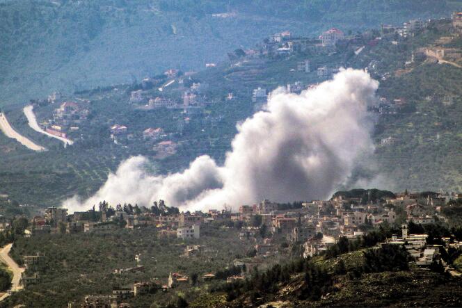 An Israeli bombardment on the village of Kfarkila in southern Lebanon, near the border with Israel, February 8, 2024. 