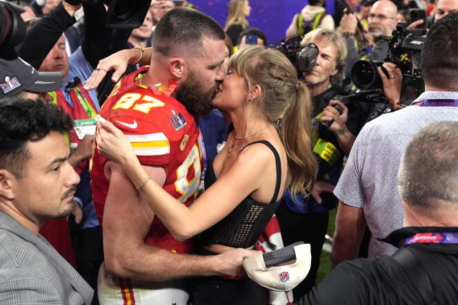 Travis Kelce of the Kansas City Chiefs and Taylor Swift at the end of the Super Bowl at Allegiant Stadium in Las Vegas, Nevada, February 11, 2024.