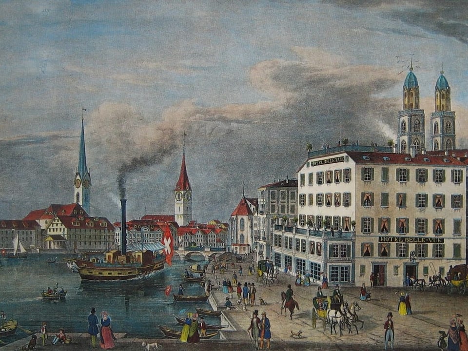 Colored picture of the Schifflände in Zurich.  You can see the Limmat and houses.