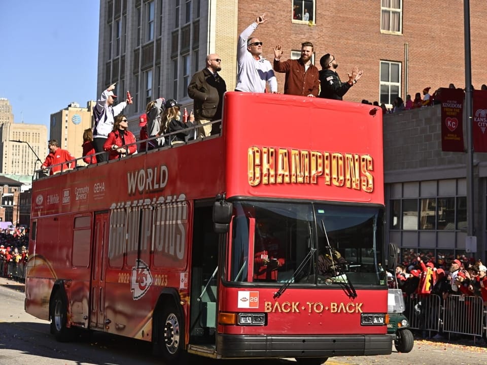 The Kansas City Chiefs celebrated their Super Bowl victory on open buses in the parade in Kansas City.