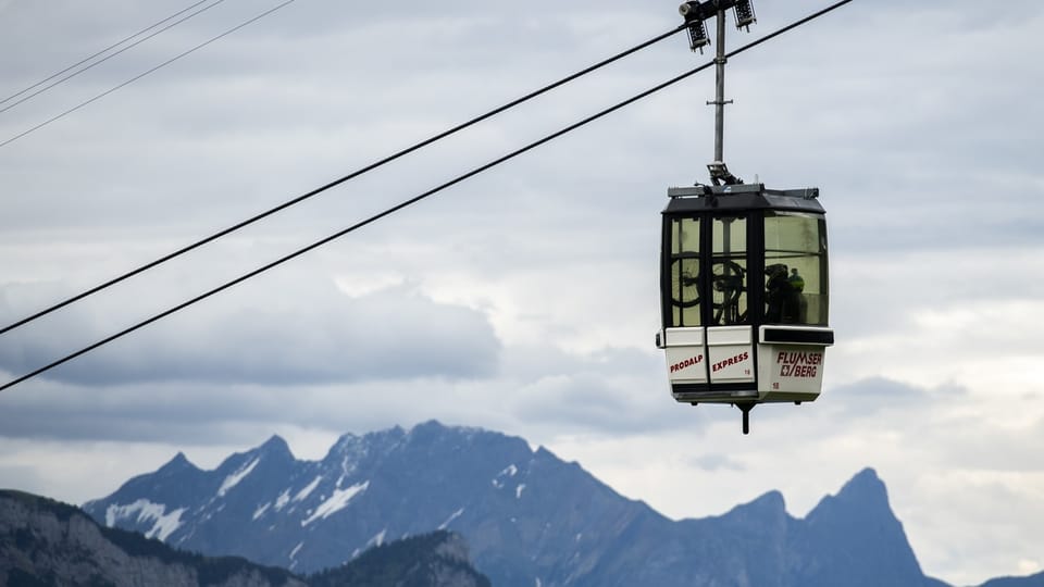 Gondola lift, mountain panorama in the background.