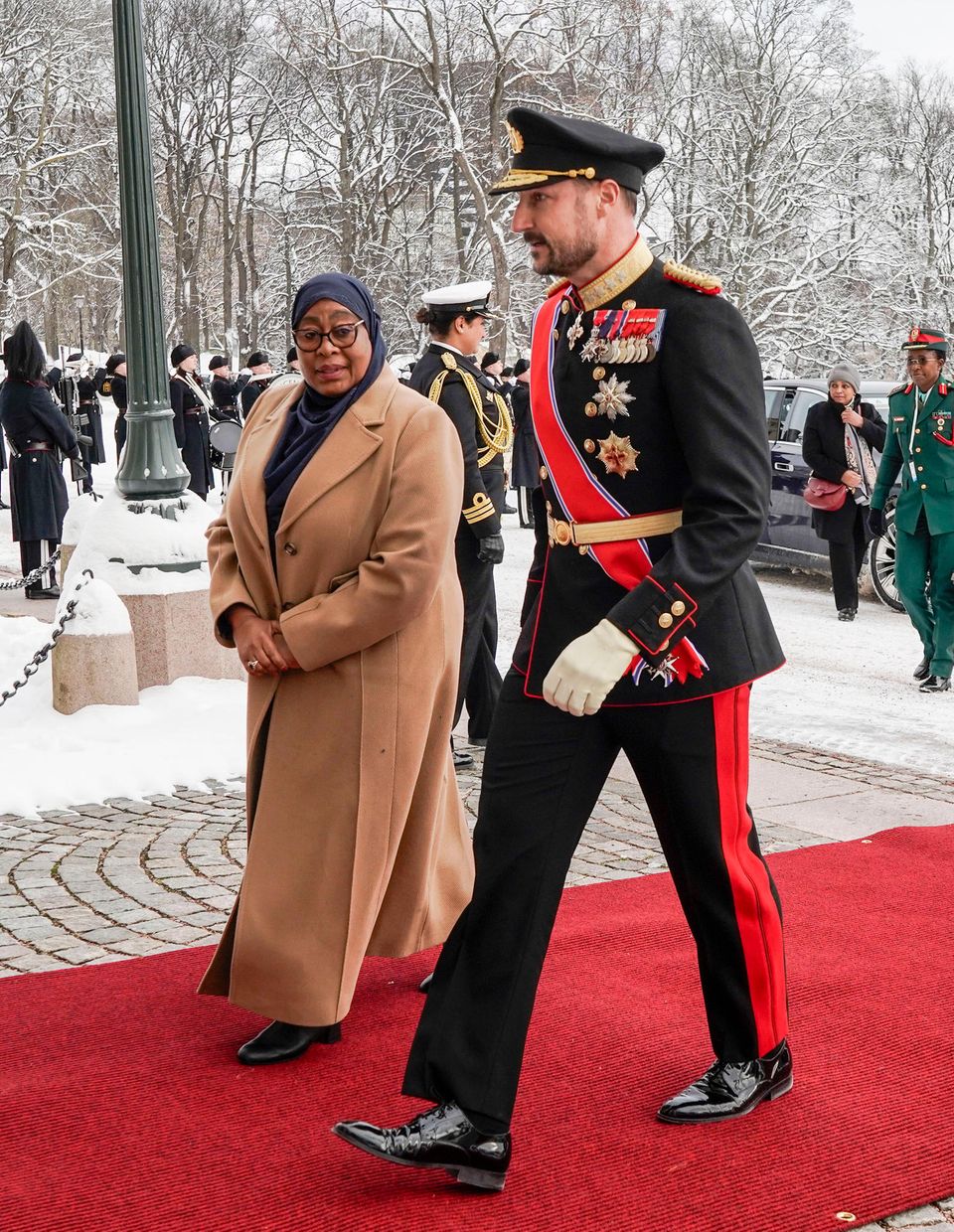 Samia Suluhu Hassan and Prince Haakon during the state visit to Norway on February 13, 2024.