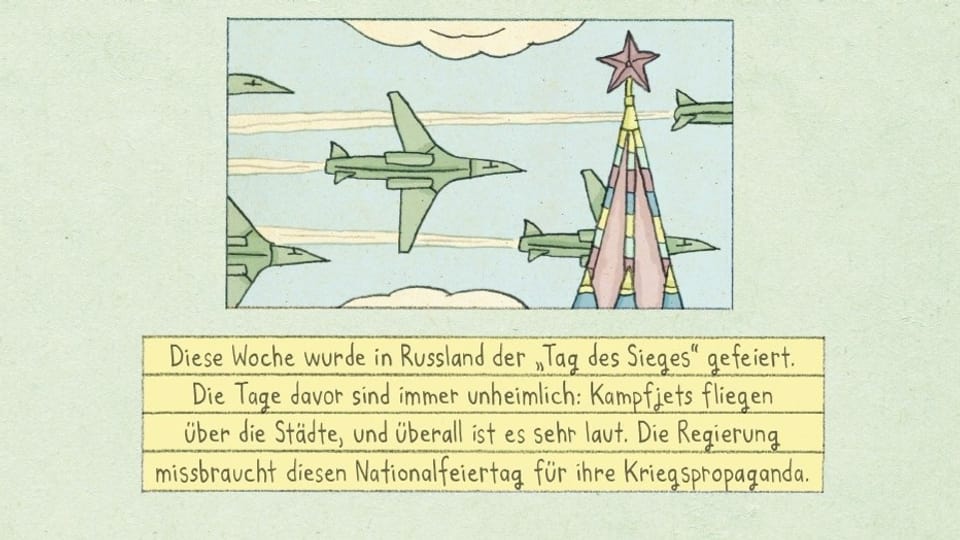 Illustration: Fighter jets fly in the sky.  You can also see clouds and a church tower.