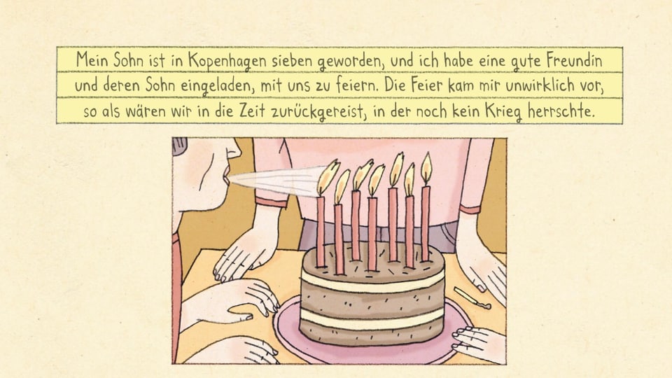 An illustration: A boy blows out the candles on a round cake.