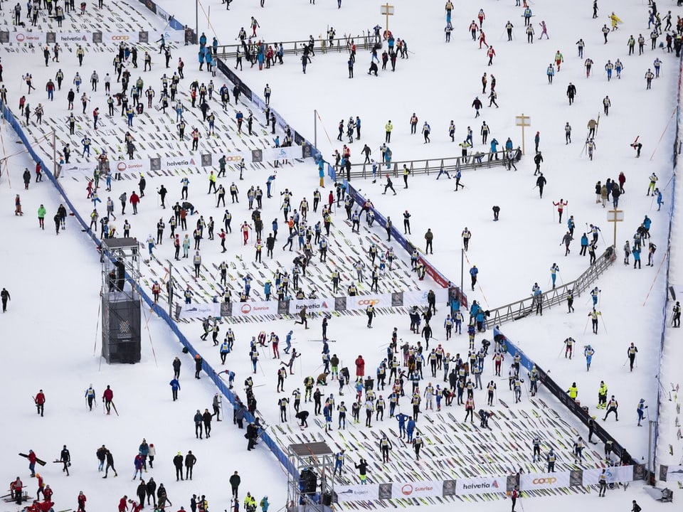 The participants' skis lie neatly on the ground at the Engadin Ski Marathon.