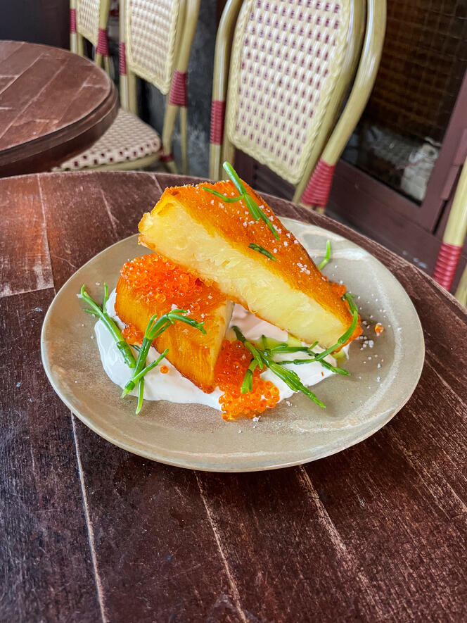 Chef Charleyne Valet combines her potato mille-feuille in many ways: here, with samphire, trout roe and a drizzle of raw cream.