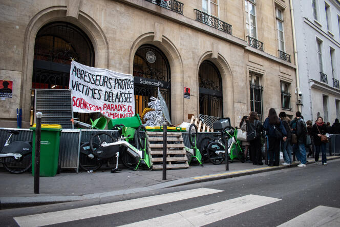 Students, unhappy with the return of director Mathias Vicherat, block the entrance to the historic Sciences Po building, rue Saint-Guillaume, in Paris, January 29, 2024.