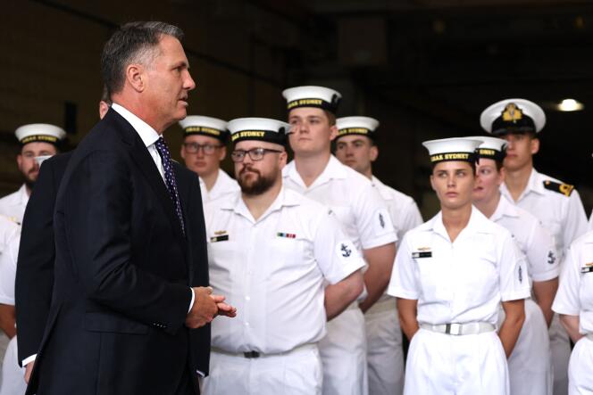 Australian Defense Minister Richard Marles aboard the Australian Navy ship HMAS Canberra in Sydney on February 20, 2024.
