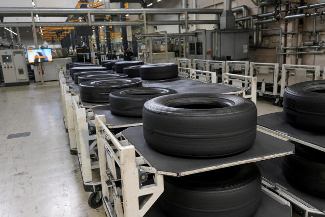 Tires at a reprocessing station at the Continental factory in Hannover, Germany, April 17, 2023. 
