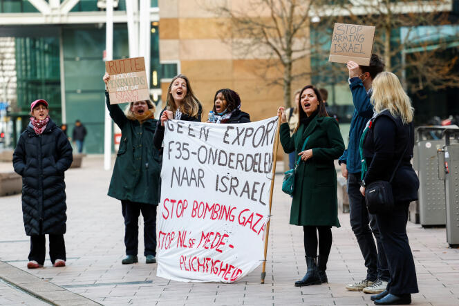 Demonstrators protest against the sending of F-35s to Israel, in front of the court in The Hay, Netherlands, February 12, 2024. 