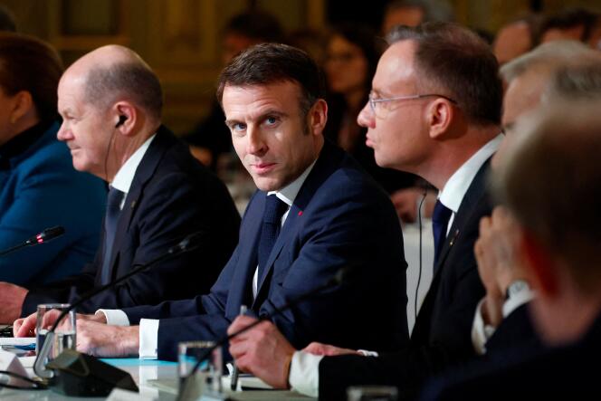 Emmanuel Macron during the conference in support of Ukraine with European leaders, at the Elysée, in Paris, February 26, 2024. 