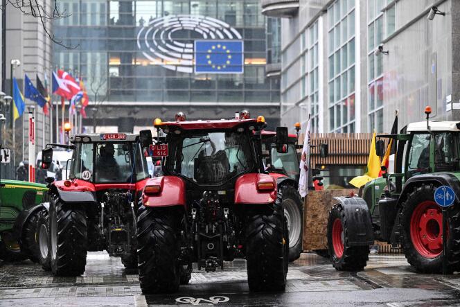 In front of the European Parliament, during a demonstration organized by agricultural unions, in Brussels, February 26, 2024.