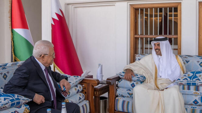 During the meeting between Palestinian President Mahmoud Abbas and the Emir of Qatar, Tamim Ben Hamad El Thani, in Doha, February 12, 2024.