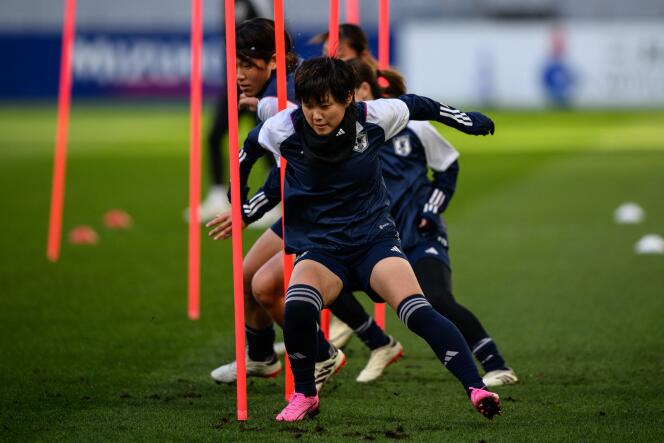 Players of the Japanese football team during a training session before their Olympic Qualifying Tournament match against North Korea at the Tokyo National Stadium on February 27, 2024.