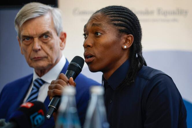Double South African Olympic champion Caster Semenya and her lawyer, Patrick Brancher, give a press conference in Johannesburg, February 9, 2024.