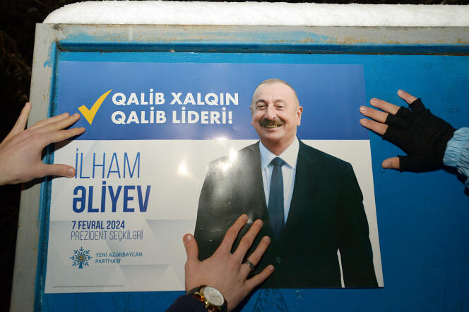 A campaign poster of Azerbaijani President and presidential candidate Ilham Aliyev, in Baku on January 15, 2024, the first day of official campaigning ahead of the February 7 election.