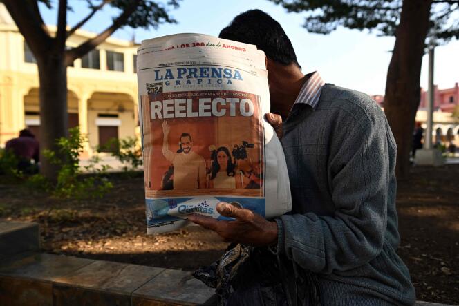 The front page of the newspaper “La Prensa grafica” indicating that Nayib Bukele was re-elected, in the historic center of San Salvador, on February 5, 2024.